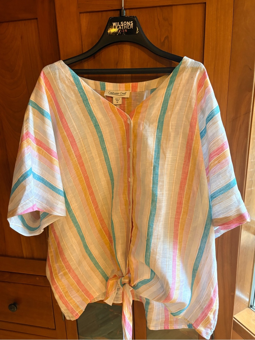 NWOT Linen Coldwater Creek Pastel Stripe Tie-Front Top.  Size 1X